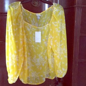 “A New Day” yellow and white floral print shirt